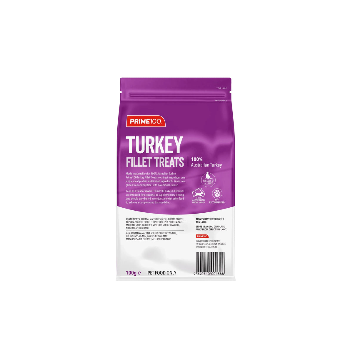 Prime100 Fillet Treats turkey flavour, back of pack