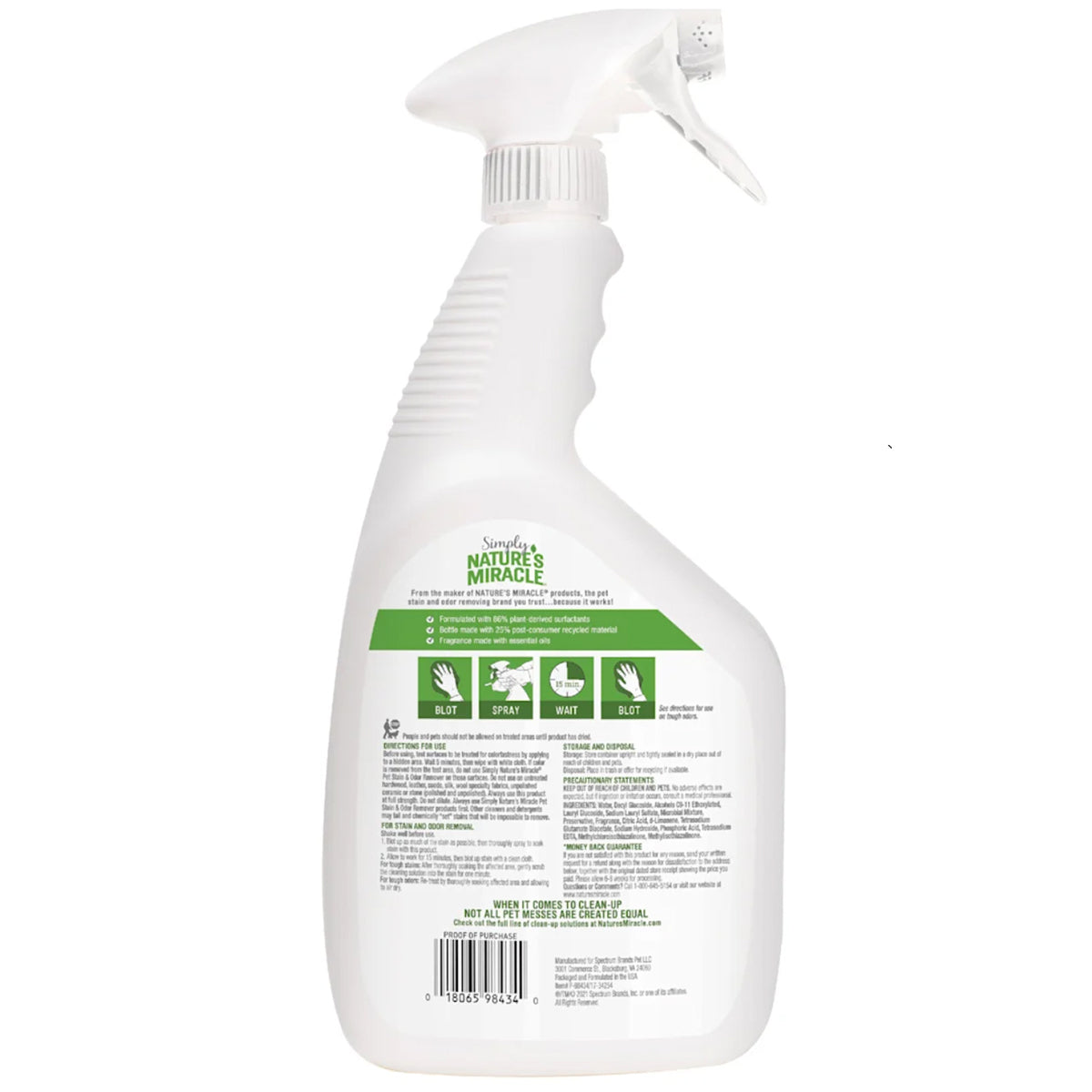 Back of pack: Simply Nature's Miracle Pet Stain & Odor Remover