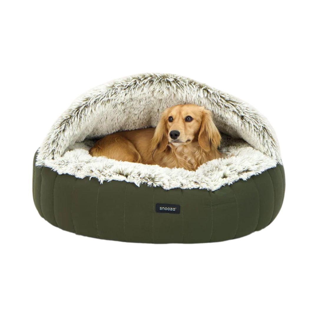 Snooza Dream Cloud Hoodie dog bed in olive, hood raised over the sleeping base