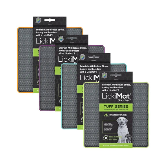 LickiMat Soother Tuff Series group of mats with labels