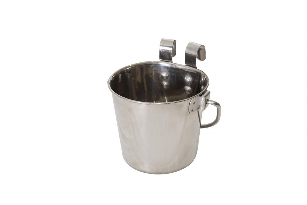 Close-up of riveted hooks on the Superior Pet stainless steel bucket