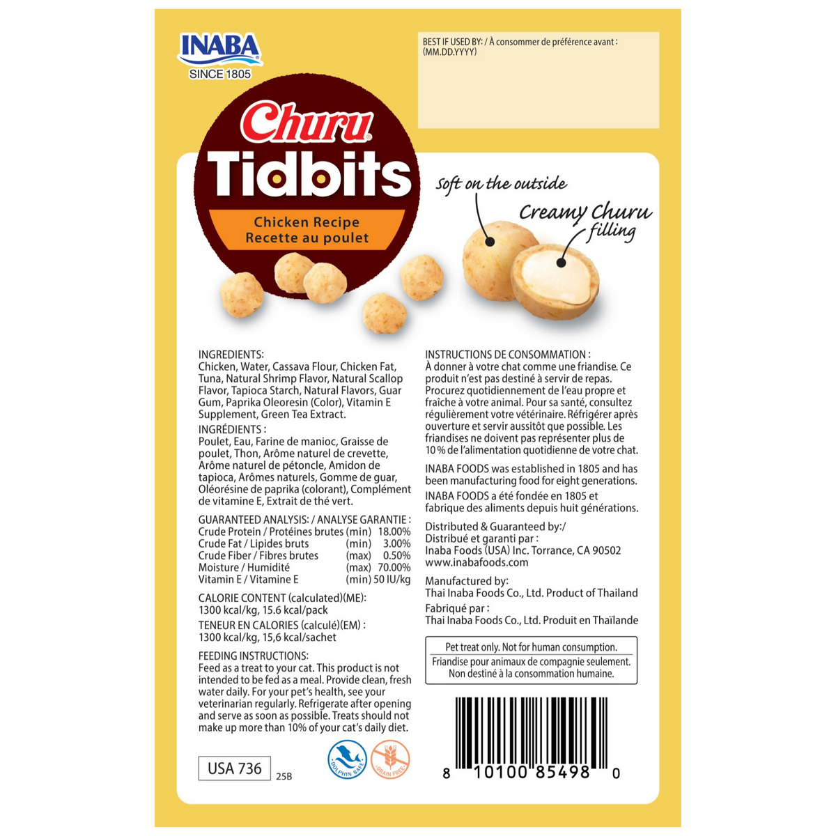 Inaba Cat Churu Tidbits nutrition panel on back of pack