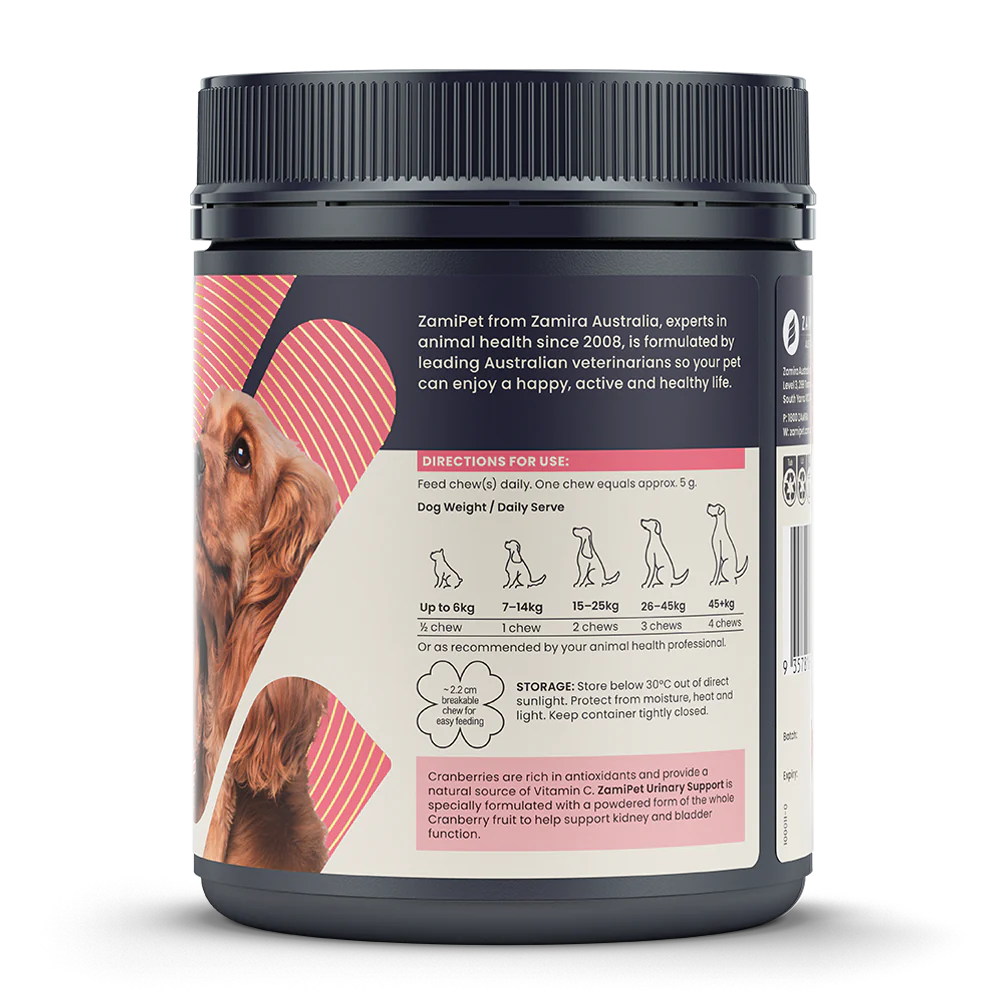 ZamiPet Urinary Support cranberry chews for dogs, back of pack with feeding guide