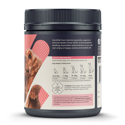 ZamiPet Urinary Support cranberry chews for dogs, back of pack with feeding guide