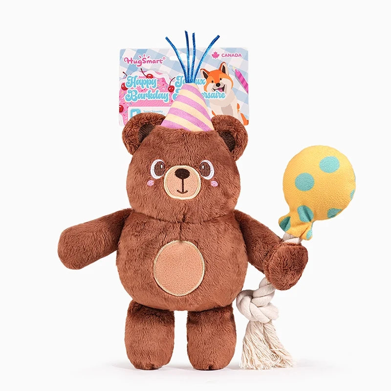 Hugsmart Yappy Birthday Party Bear Dog Toy – plush rope squeaky birthday toy