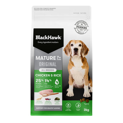 Front of pack: Black Hawk Mature Dog 7+ Chicken & Rice dry dog food