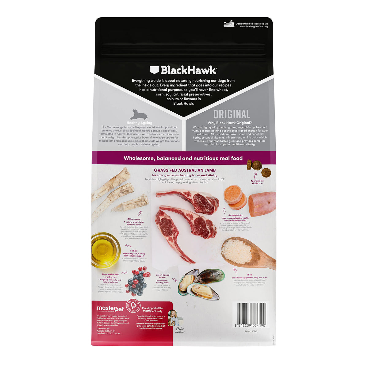 Nutrition panel on the back of Black Hawk Mature Dog 7+ Lamb & Rice