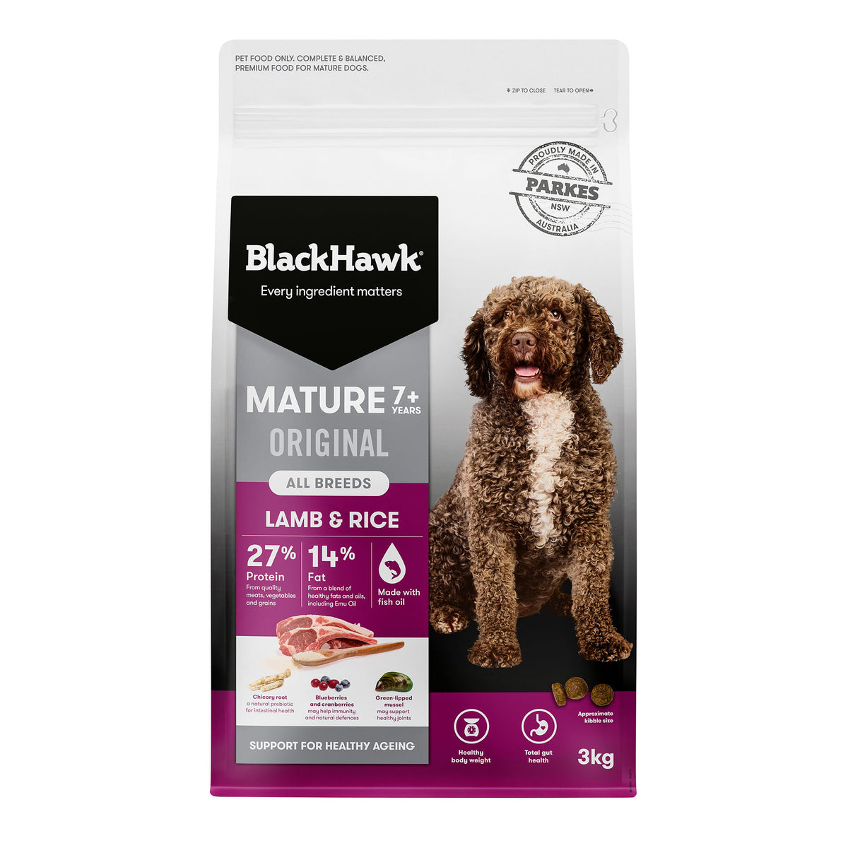 Front of pack: Black Hawk Mature Dog 7+ Lamb & Rice dry dog food