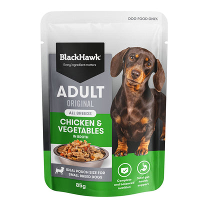 Front of pack: Black Hawk Adult Dog Chicken & Vegetables 85g pouch