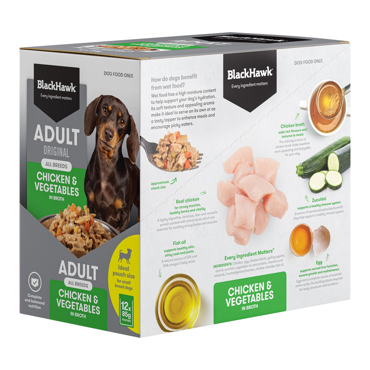 Black Hawk Adult Dog Chicken & Vegetables 85g pouch, angled left view