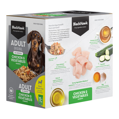 Black Hawk Adult Dog Chicken & Vegetables 85g pouch, angled left view