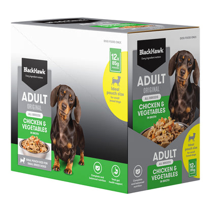 Black Hawk Adult Dog Chicken & Vegetables 85g pouch, angled right view