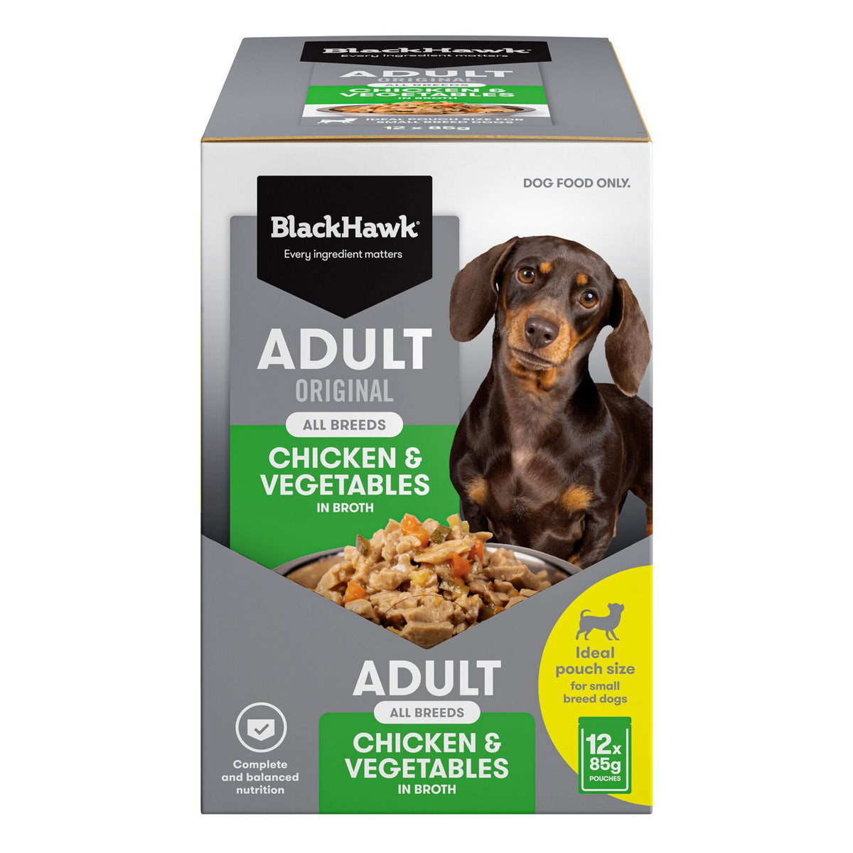Black Hawk Wet Food Pouch, Adult Dog Chicken & Vegetables, 85g front