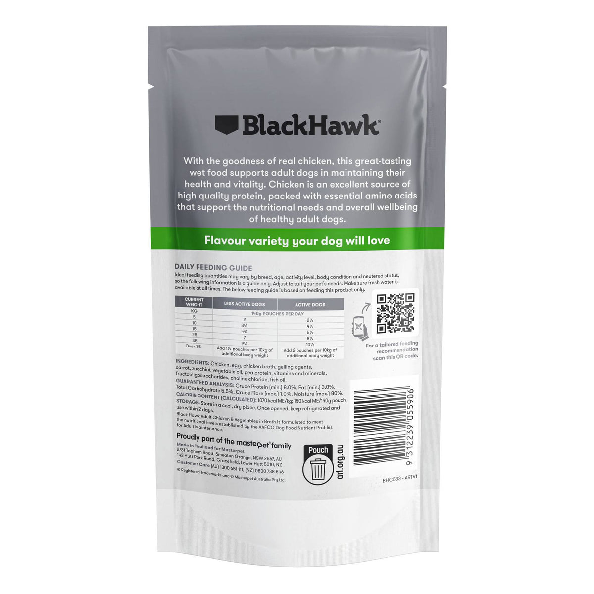 Back of pack: Black Hawk Adult Dog Chicken & Vegetables 140g ingredients