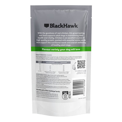 Back of pack: Black Hawk Adult Dog Chicken & Vegetables 140g ingredients