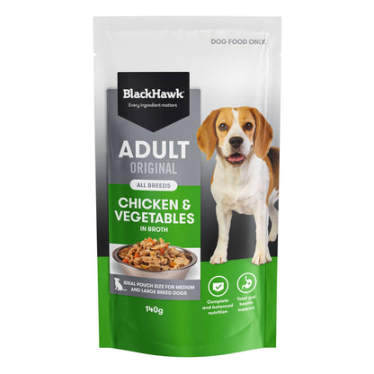 Front of pack: Black Hawk Adult Dog Chicken & Vegetables 140g pouch
