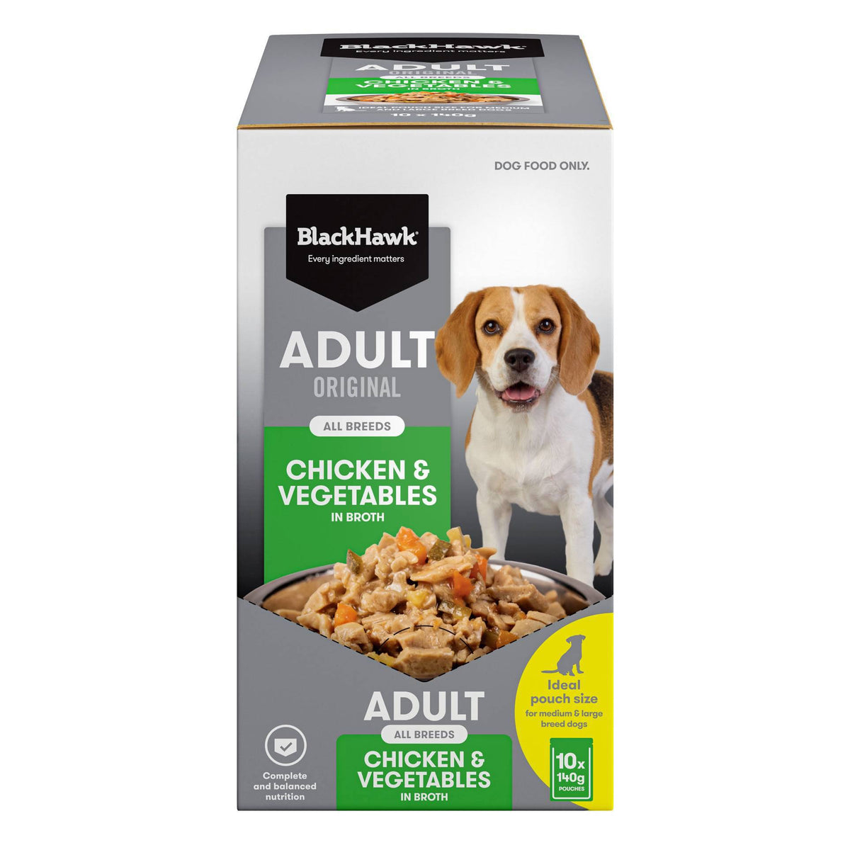 Black Hawk Wet Food Pouch, Adult Dog Chicken & Vegetables, 140g front