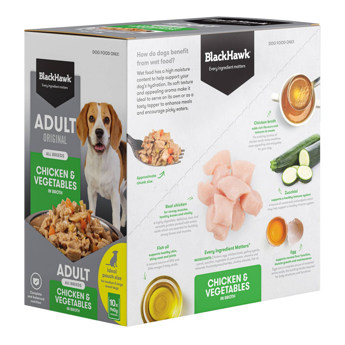 Black Hawk Adult Dog Chicken & Vegetables 140g pouch, angled left view