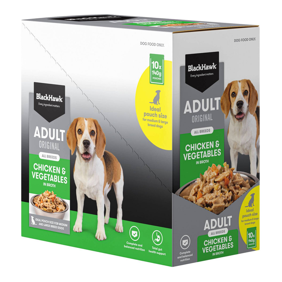 Black Hawk Adult Dog Chicken & Vegetables 140g pouch, angled right view