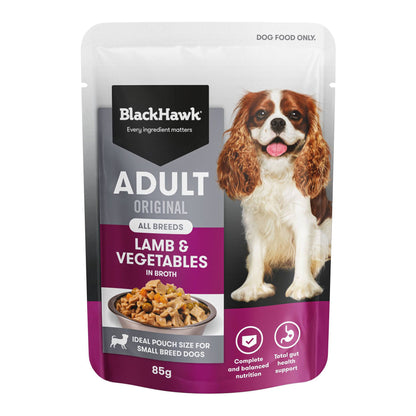 Front of pack: Black Hawk Adult Dog Lamb & Vegetables 85g pouch
