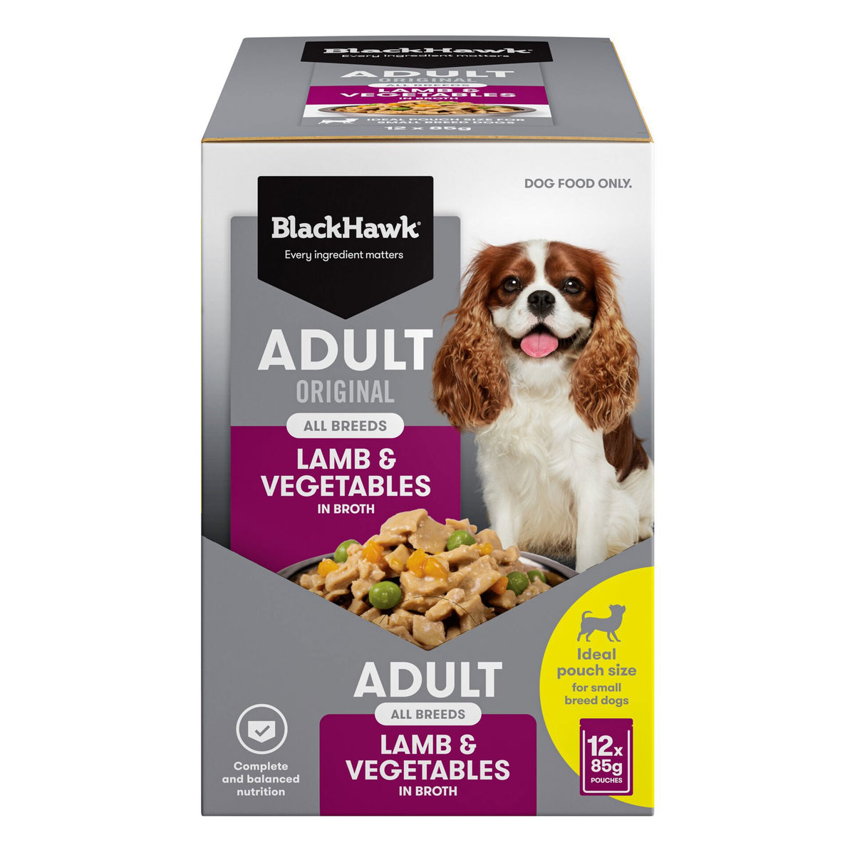Black Hawk Wet Food Pouch, Adult Dog Lamb & Vegetables, 85g front