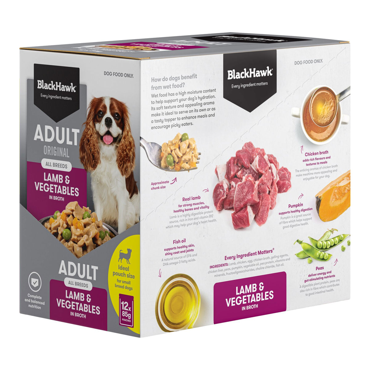 Black Hawk Adult Dog Lamb & Vegetables 85g pouch, angled left view