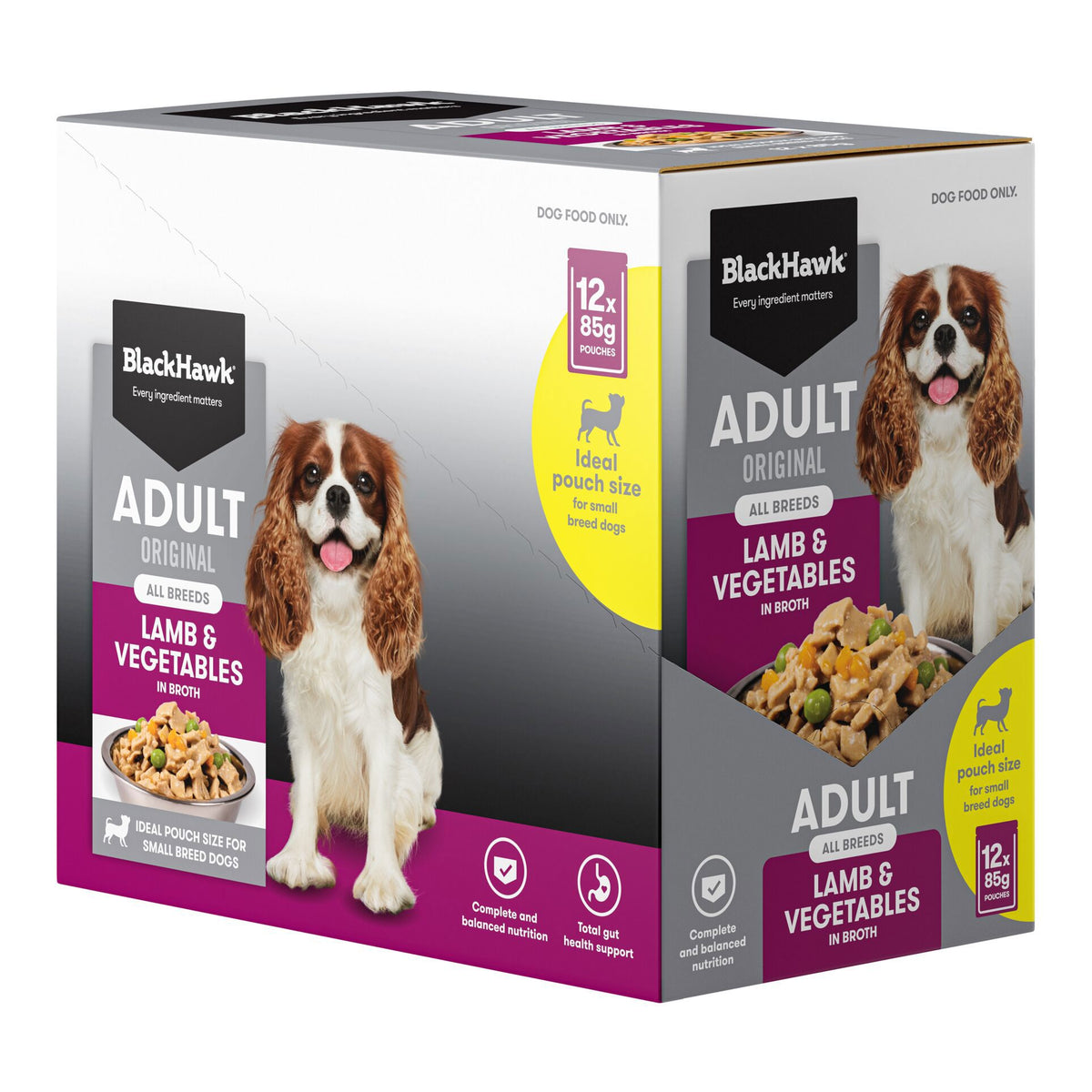Black Hawk Adult Dog Lamb & Vegetables 85g pouch, angled right view