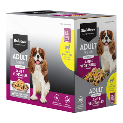 Black Hawk Adult Dog Lamb & Vegetables 85g pouch, angled right view