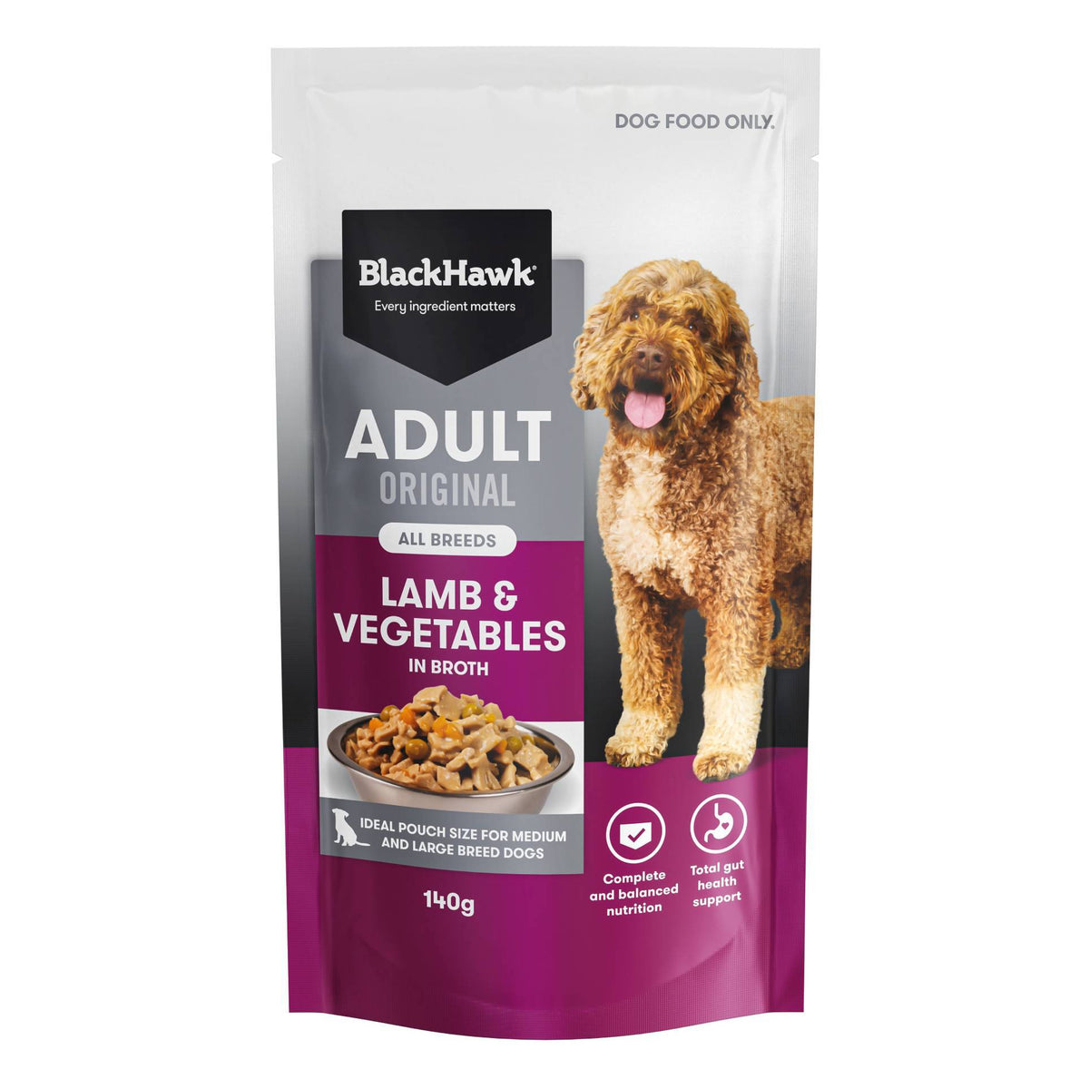 Front of pack: Black Hawk Adult Dog Lamb & Vegetables 140g pouch