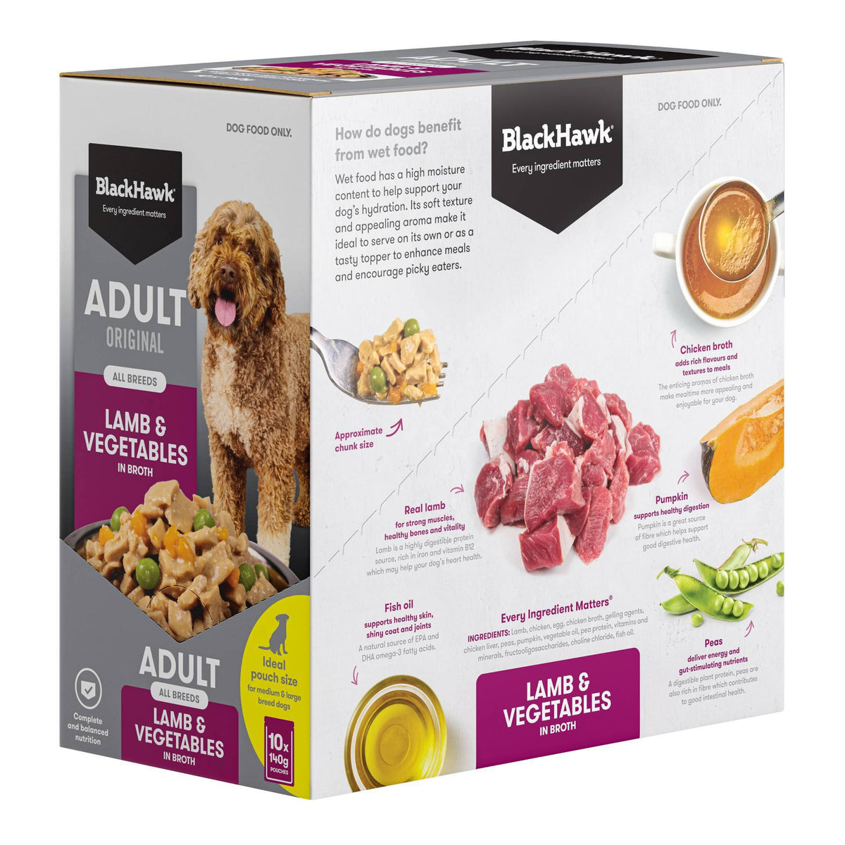 Black Hawk Adult Dog Lamb & Vegetables 140g pouch, angled left view