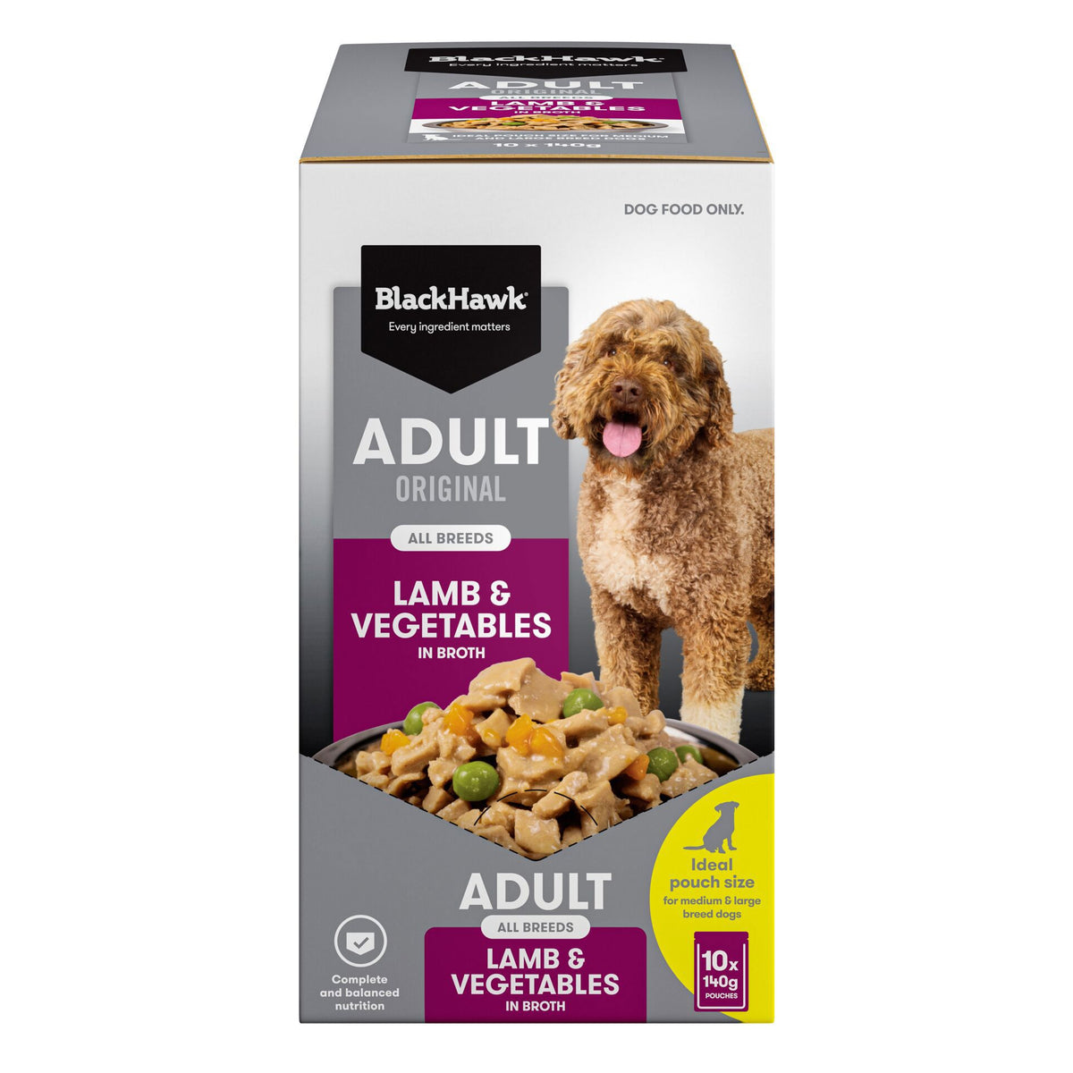 Black Hawk Wet Food Pouch, Adult Dog Lamb & Vegetables, 140g front