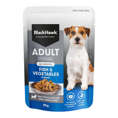 Front of pack: Black Hawk Adult Dog Fish & Vegetables 85g pouch