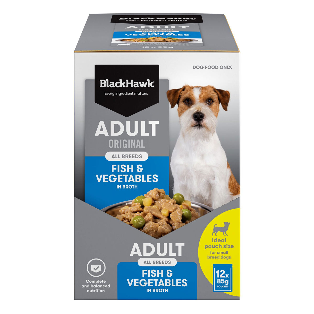 Black Hawk Wet Food Pouch, Adult Dog Fish & Vegetables, 85g front