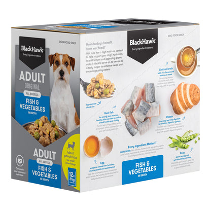 Black Hawk Adult Dog Fish & Vegetables 85g pouch, angled left view