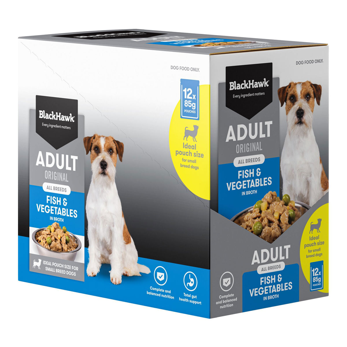 Black Hawk Adult Dog Fish & Vegetables 85g pouch, angled right view