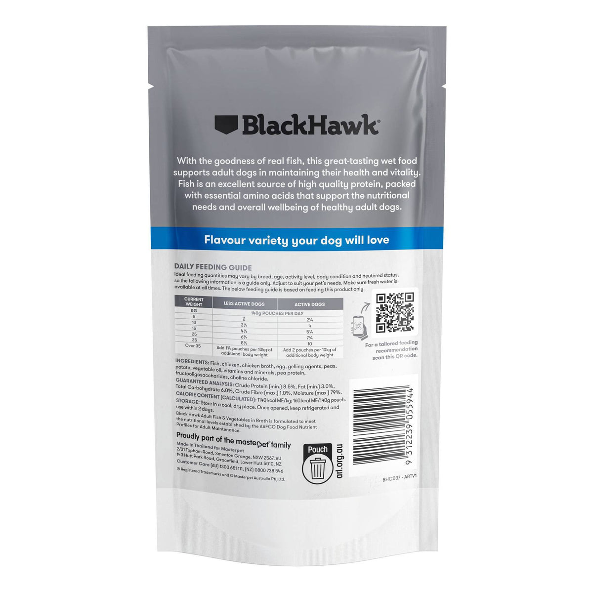 Back of pack: Black Hawk Adult Dog Fish & Vegetables 140g ingredients