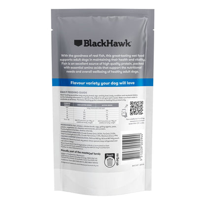 Back of pack: Black Hawk Adult Dog Fish & Vegetables 140g ingredients