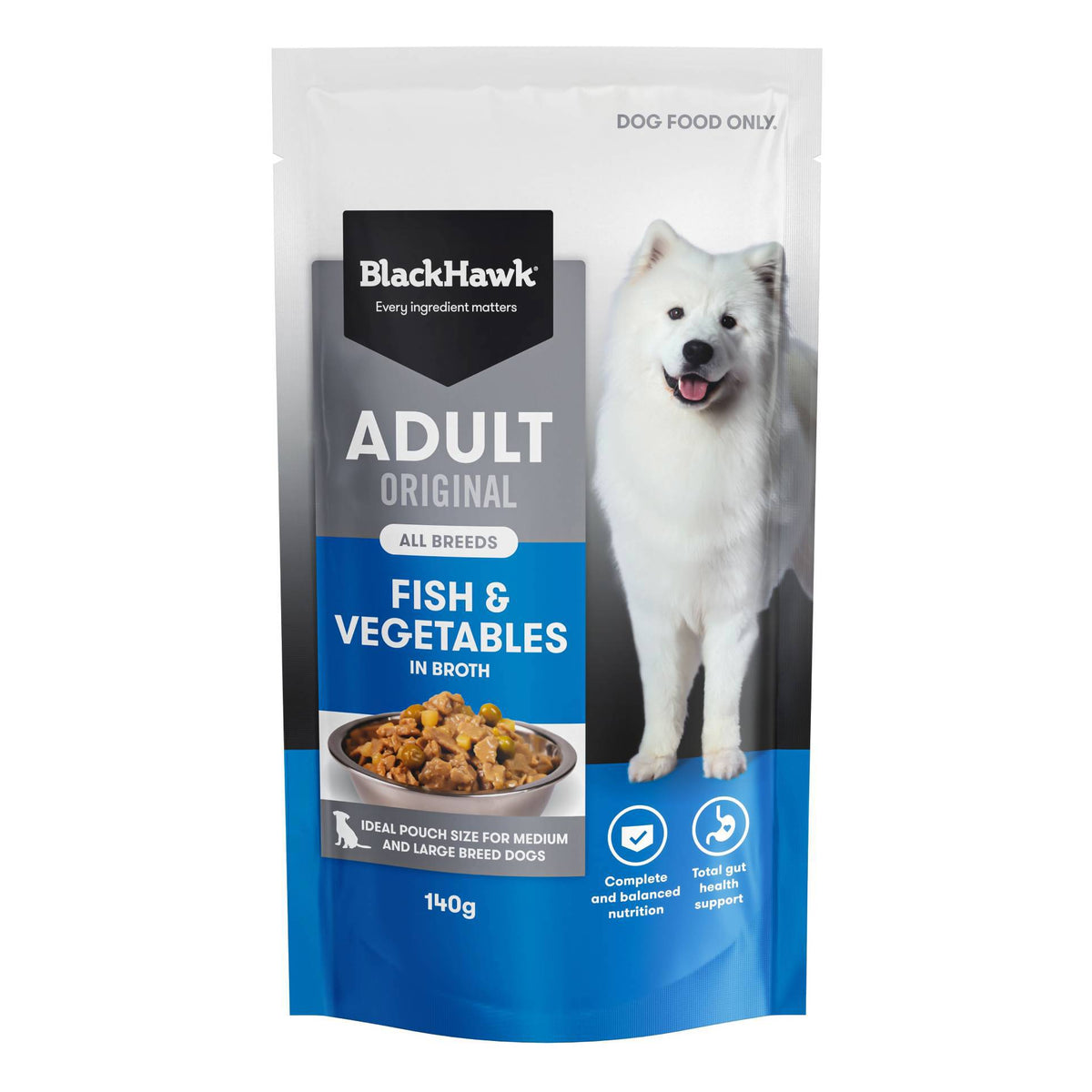 Front of pack: Black Hawk Adult Dog Fish & Vegetables 140g pouch