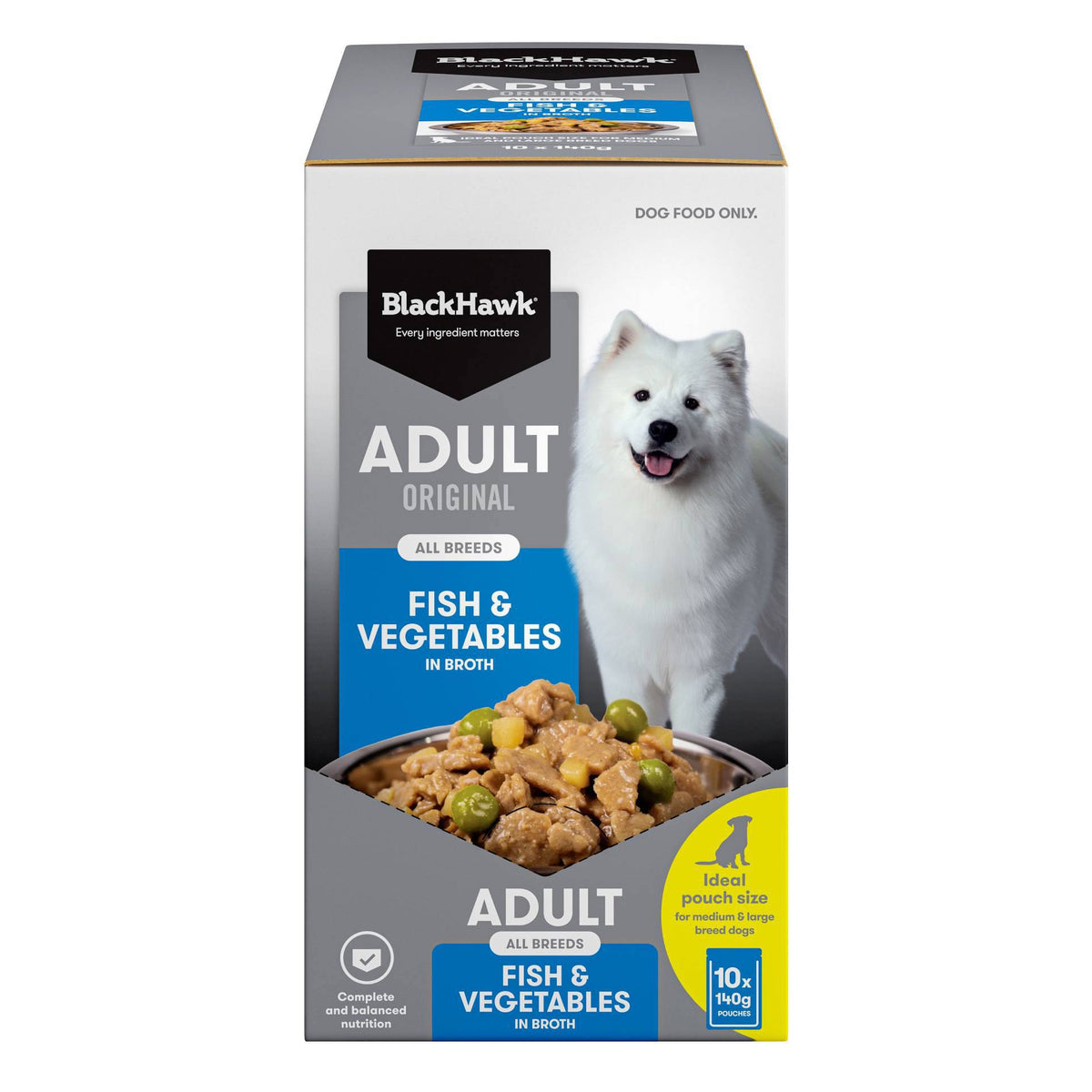 Black Hawk Wet Food Pouch, Adult Dog Fish & Vegetables, 140g front