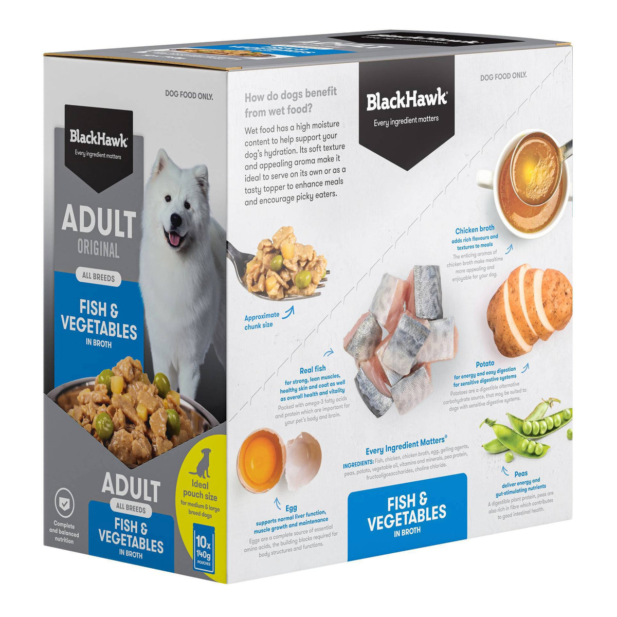 Black Hawk Adult Dog Fish & Vegetables 140g pouch, angled left view