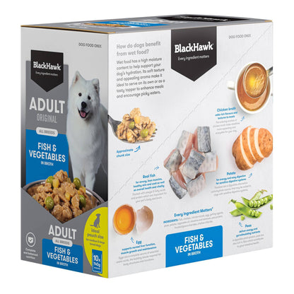Black Hawk Adult Dog Fish & Vegetables 140g pouch, angled left view