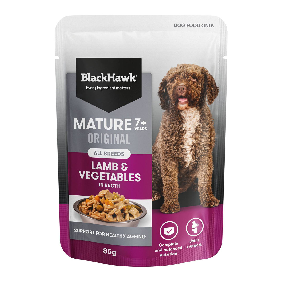 Front of pack: Black Hawk Mature Dog Lamb & Vegetables wet food pouch