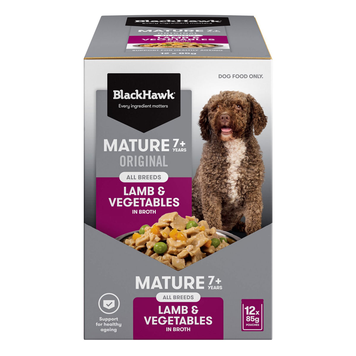 Black Hawk Wet Food Pouch, Mature Dog Lamb & Vegetables, front view