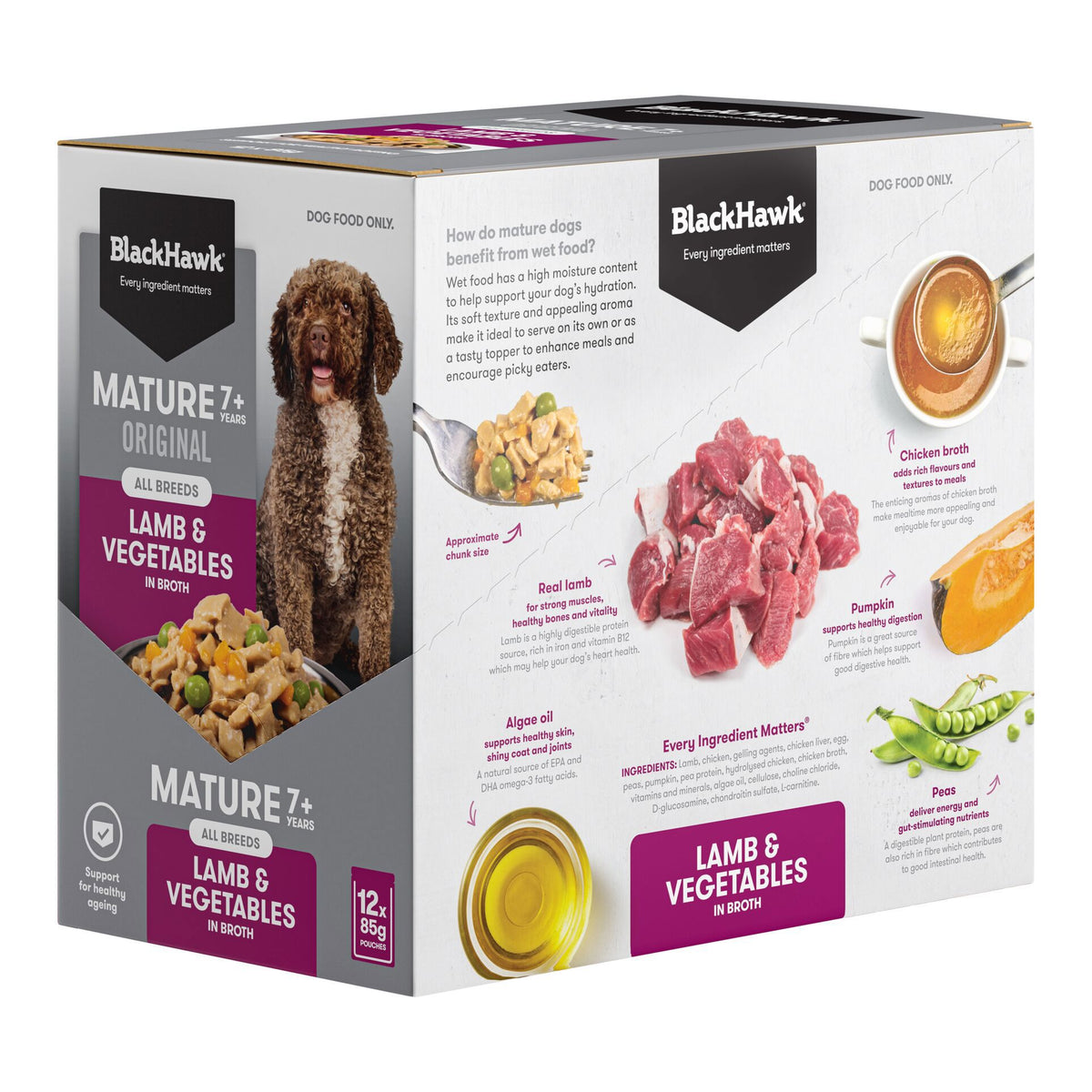 Black Hawk Mature Dog Lamb & Vegetables pouch, angled left view