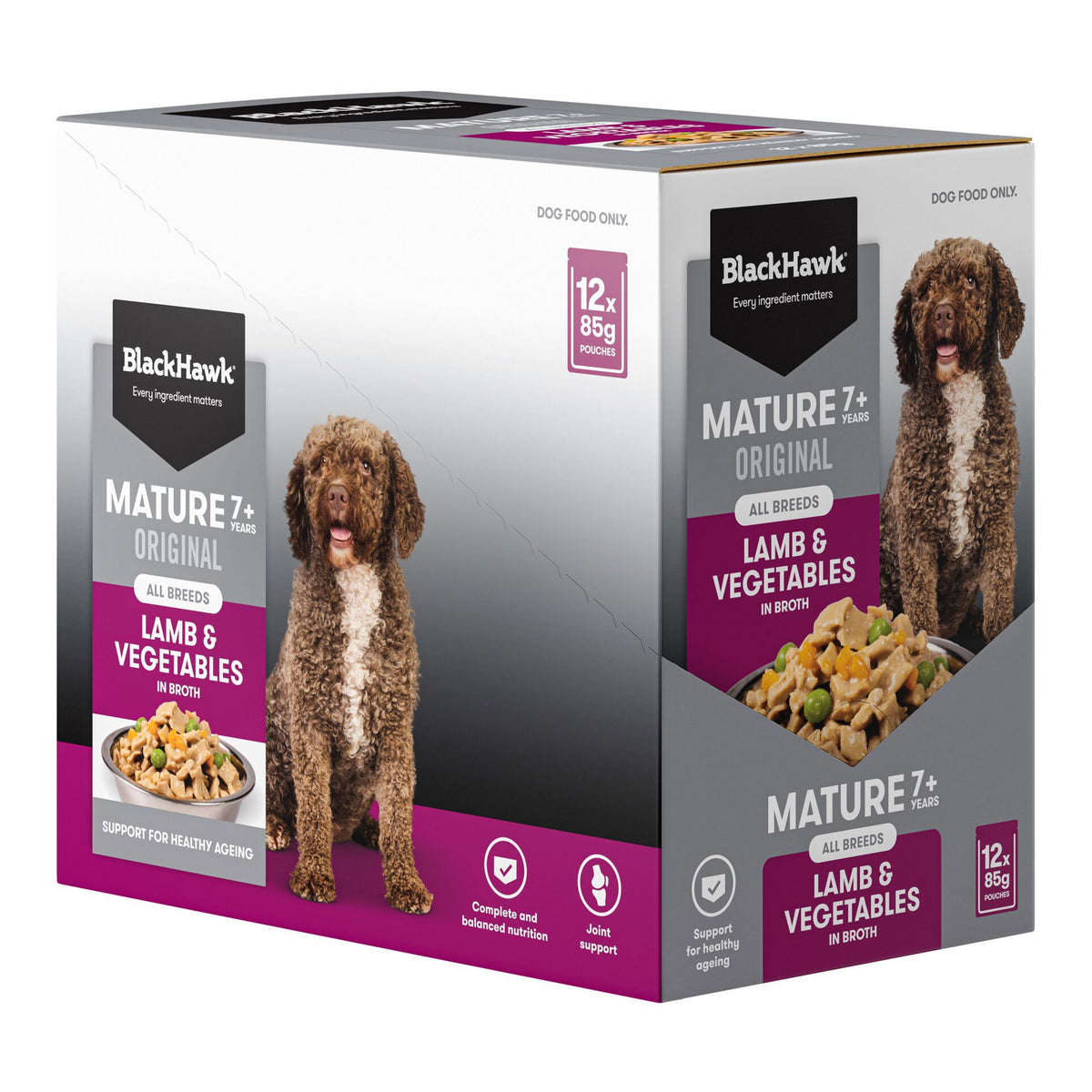Black Hawk Mature Dog Lamb & Vegetables pouch, angled right view