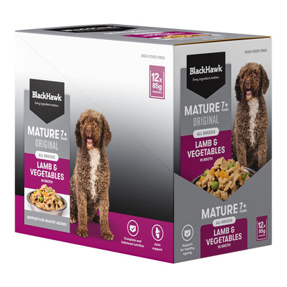 Black Hawk Mature Dog Lamb & Vegetables pouch, angled right view