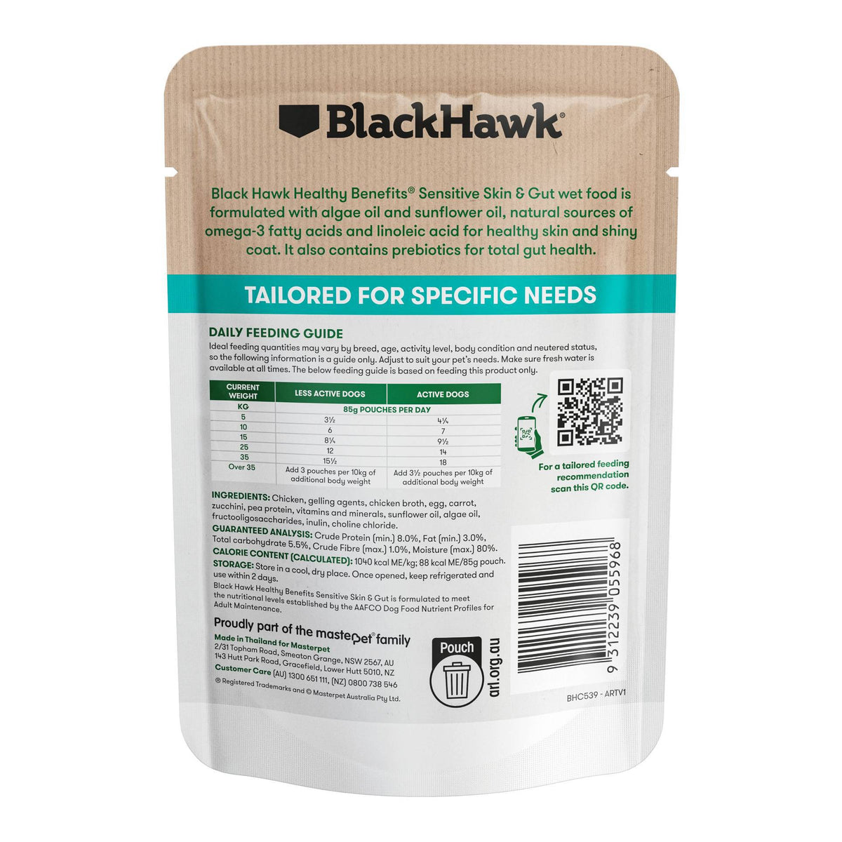 Back of pack: Black Hawk Healthy Benefits Sensitive Skin & Gut ingredients
