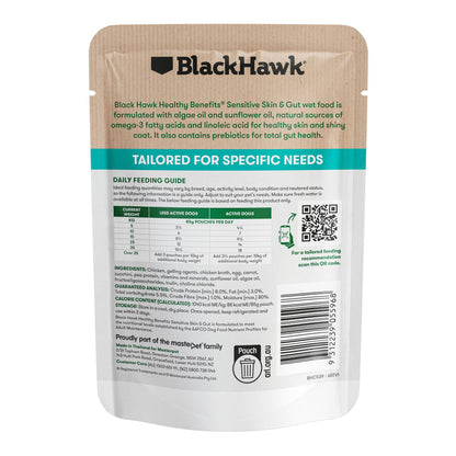 Back of pack: Black Hawk Healthy Benefits Sensitive Skin & Gut ingredients