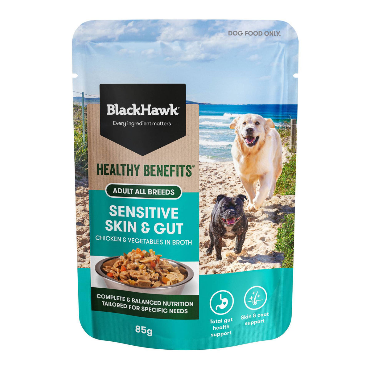 Front of pack: Black Hawk Healthy Benefits Sensitive Skin & Gut pouch