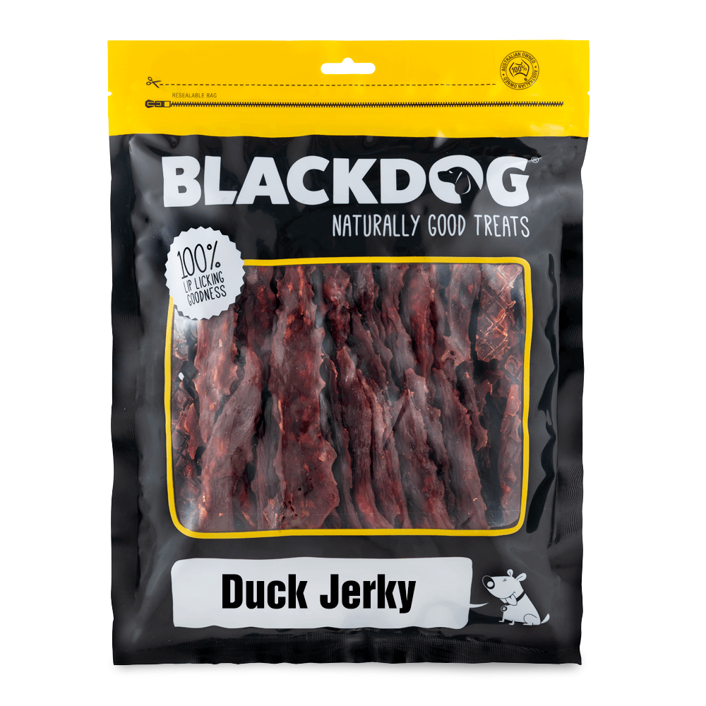 Front of pack of Blackdog Duck Jerky Dog Treats